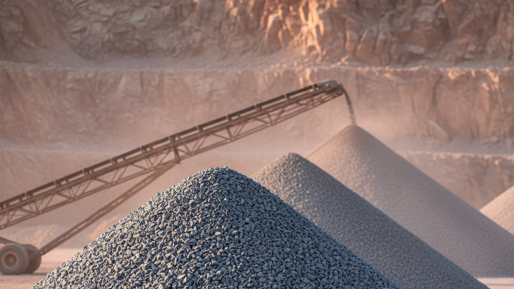 Conical stockpiles of crushed granite aggregate of different size fractions, fed by a radial stacker conveyor in a granite quarry