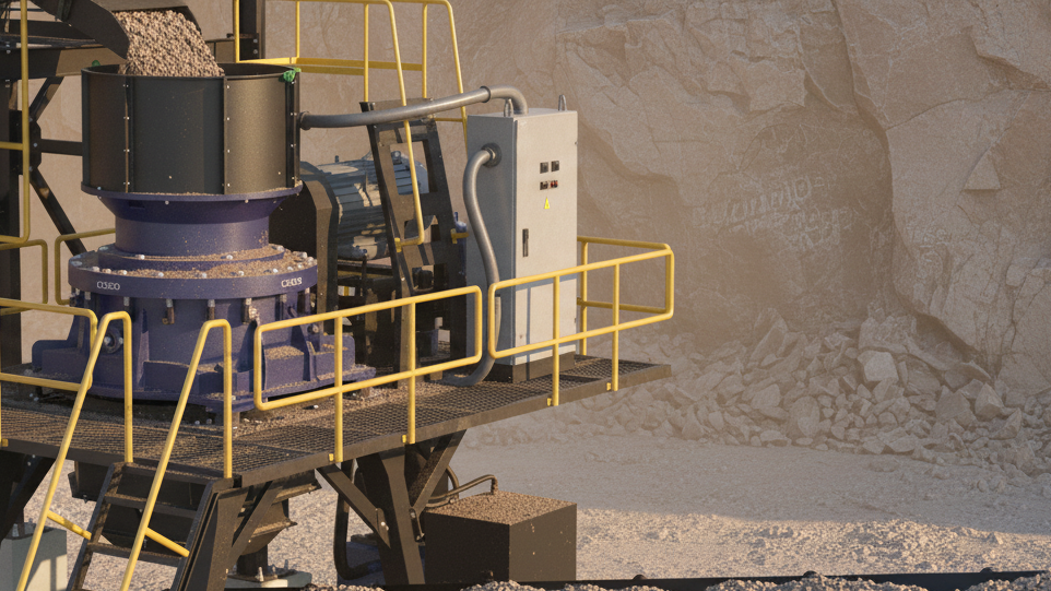 Cone crusher on a structural platform with yellow handrails and an adjacent motor control panel, set in a granite quarry