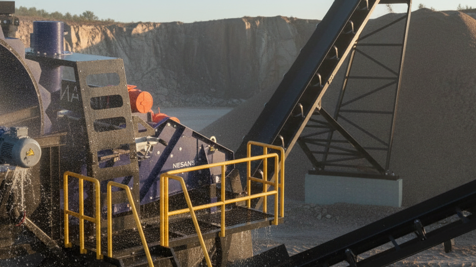 Bucket wheel sand washer with adjacent twin-shaft dewatering screen and inclined product conveyor feeding a fine sand stockpile