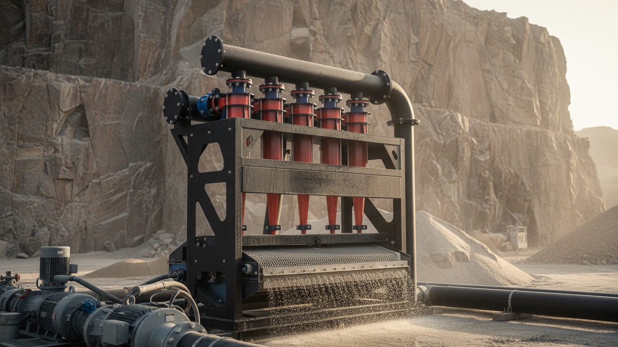 Cluster of five hydrocyclones in a sand washing plant, mounted in a steel frame with overhead distribution manifold, set in a granite quarry