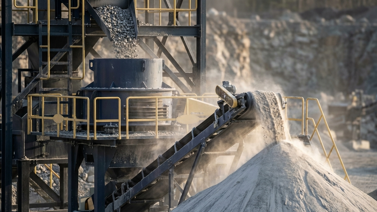 Vertical shaft impact crusher producing fine manufactured sand discharged onto a conical stockpile at a granite quarry