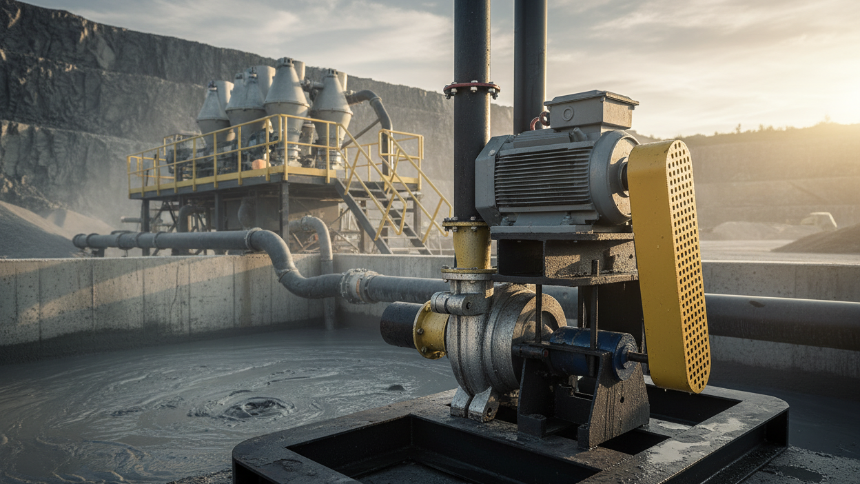 Centrifugal slurry pump with volute casing, induction motor and V-belt drive guard, mounted on a sand washing plant skid