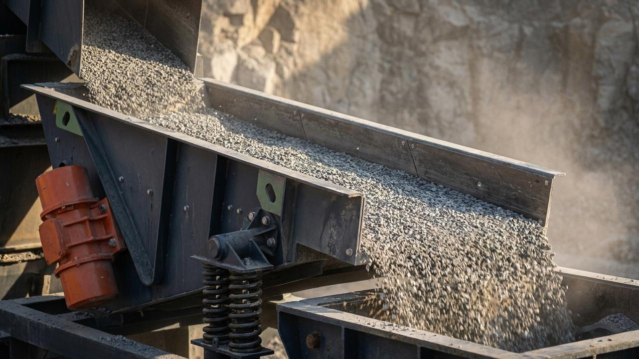 Vibrating pan feeder discharging crushed granite from the pan into a primary jaw crusher at a quarry