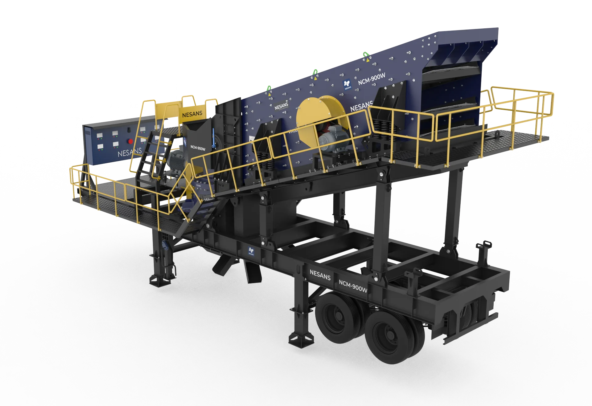 Mobile Cone Crusher rear quarter view showing wheel-mounted chassis and access platforms