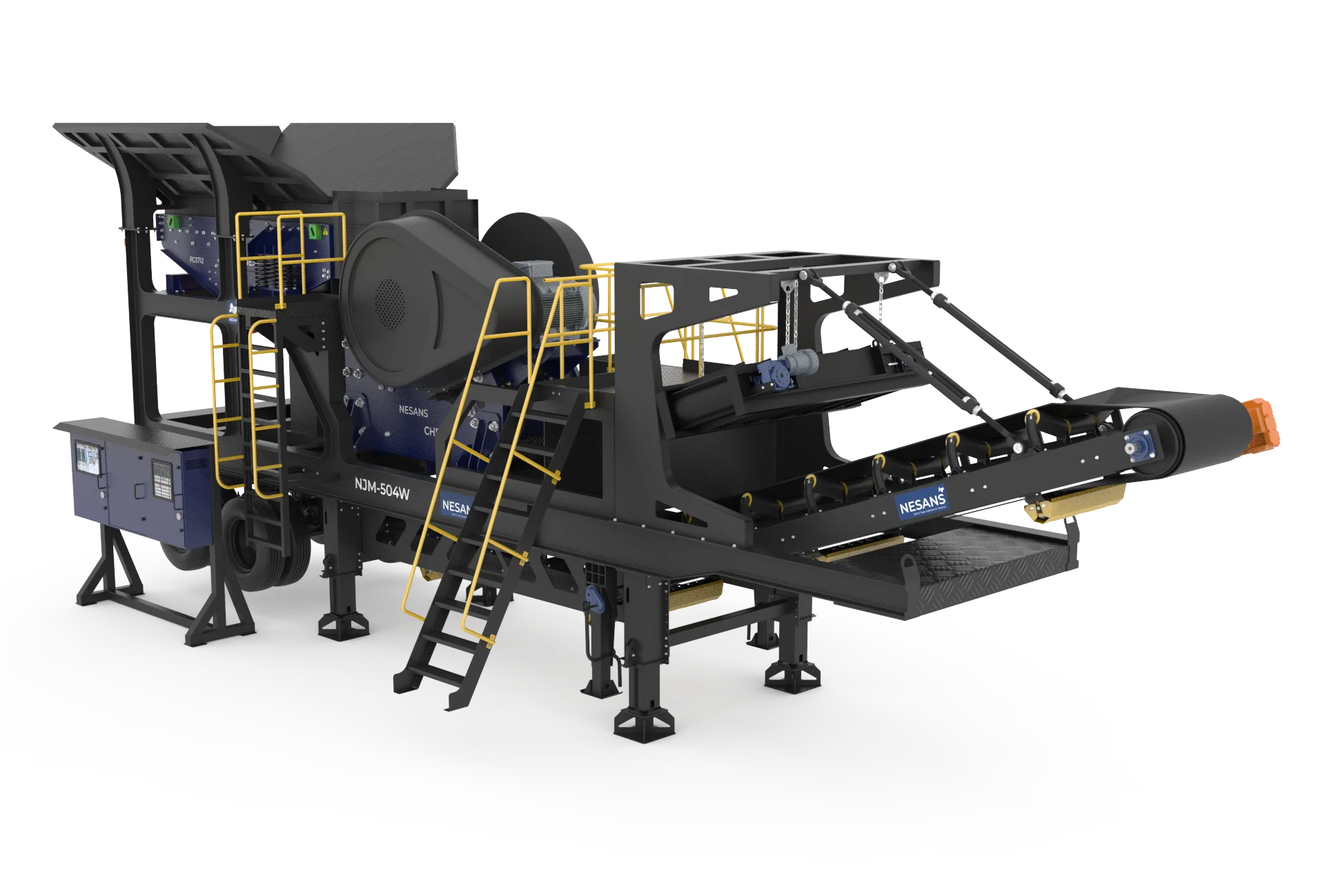 Nesans NJM-504W Mobile Jaw Crusher side view with integrated feeder and discharge conveyor