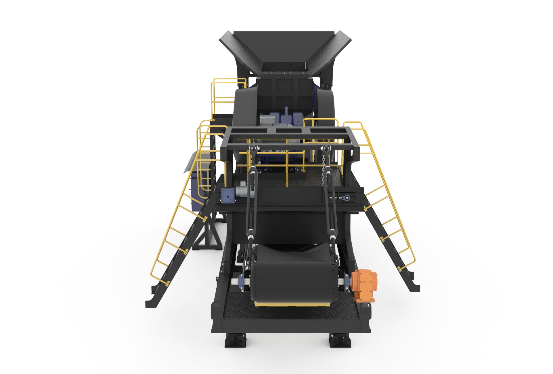 Mobile Jaw Crusher front view showing discharge conveyor and maintenance access platforms