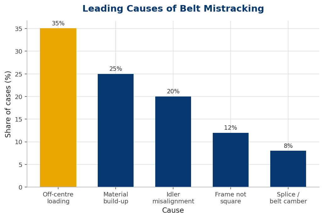 Bar chart ranking causes of belt mistracking, led by off-centre loading