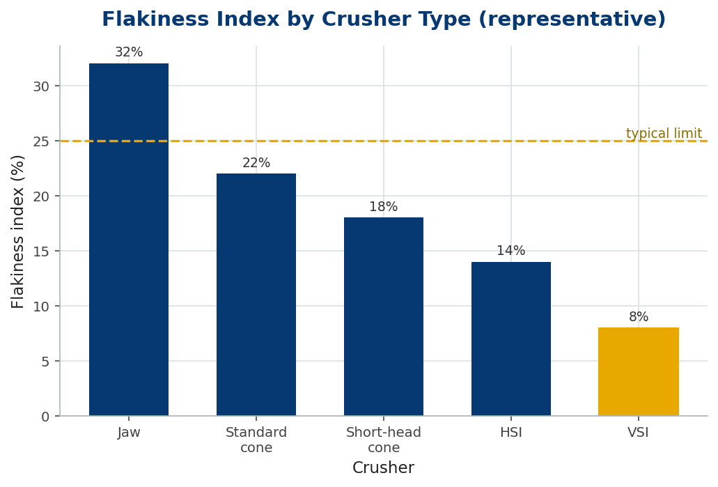 Bar chart of flakiness index by crusher type, lowest for VSI