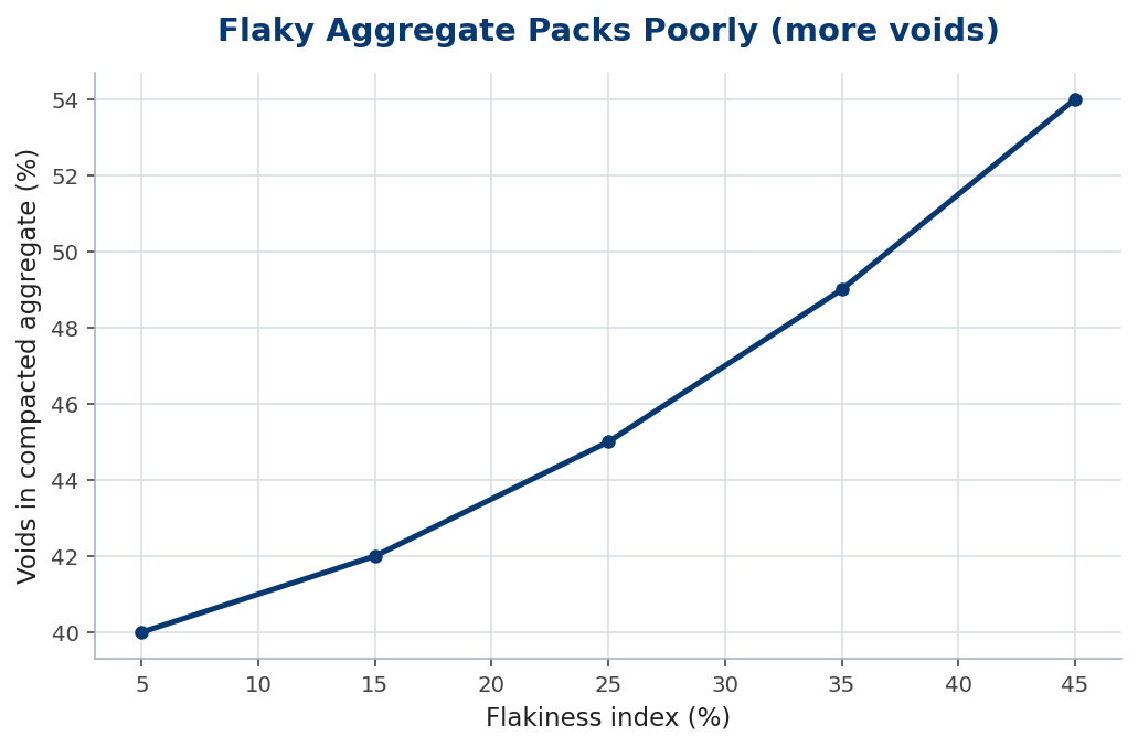 Line chart of voids in compacted aggregate rising with flakiness index
