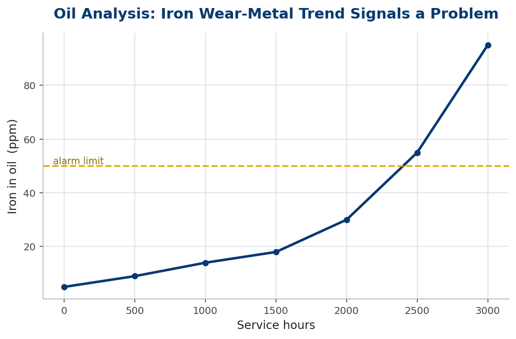 Iron wear-metal concentration trending upward through an alarm limit